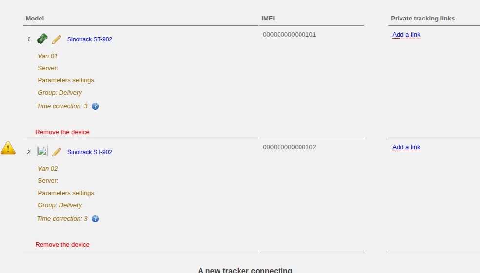 Device settings list with model, identifier, object name, group, time correction and service warning