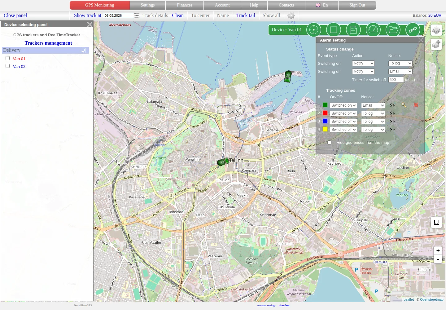 Alarm settings panel with four tracking zones on the map